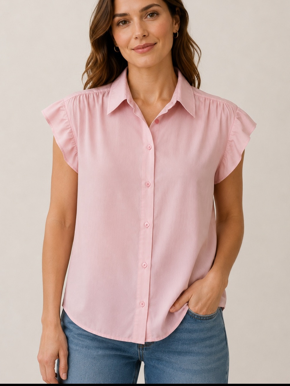 VINTAGE Pink Short Sleeve Cap Sleeve Button Down Blouse Size 10 M EUC Esquel